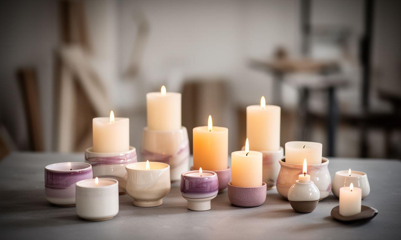 Still life of decorative candles and ceramic holders on a Zurich studio table with soft natural light