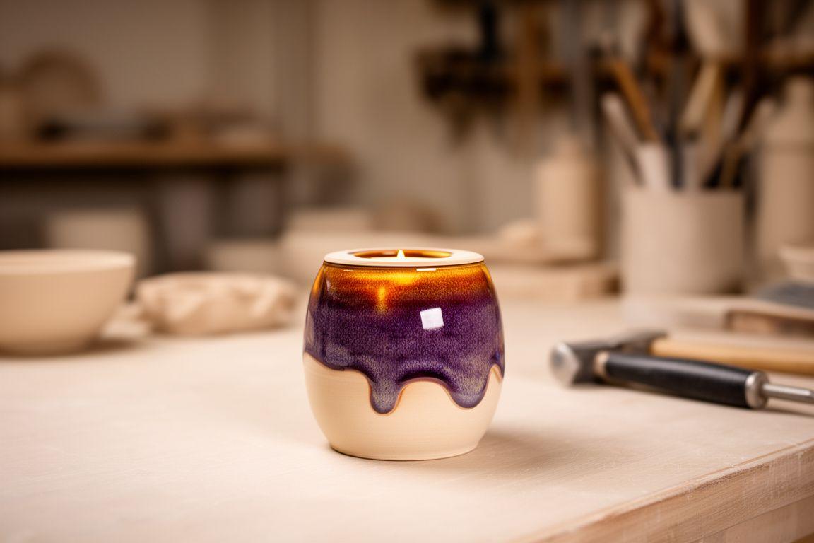 Keramische Sonderanfertigung mit warmer Glasur auf einem Werkstatttisch im Zürcher Atelier