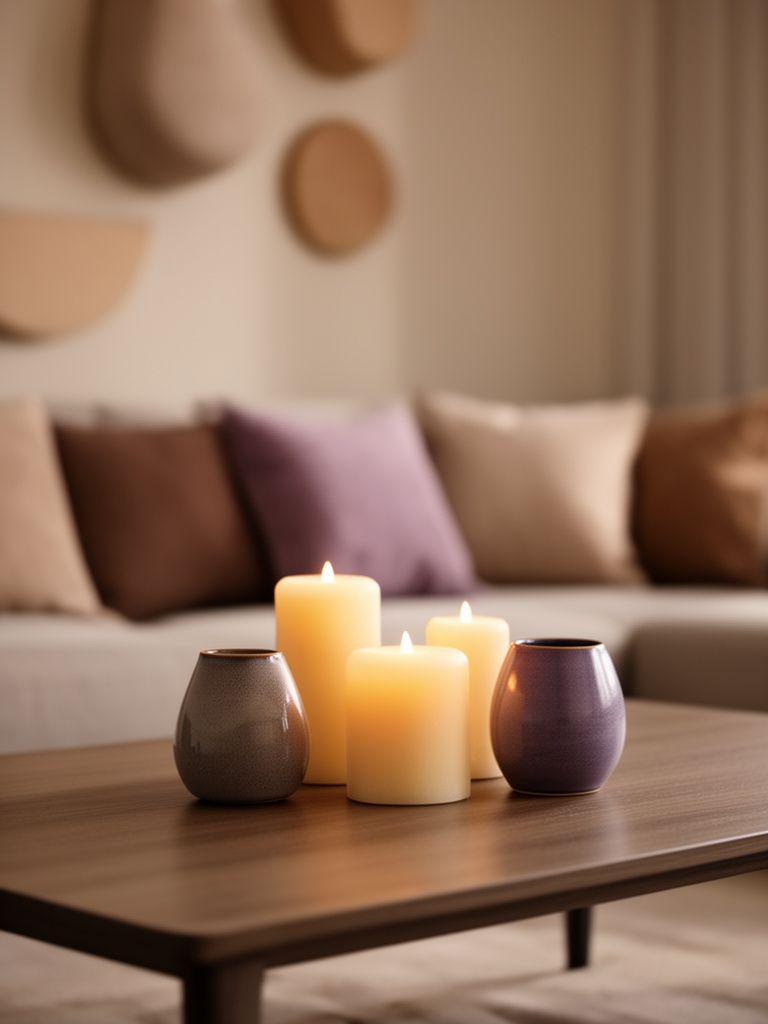 Dekorative Kerzenarrangements auf einem Couchtisch in einem warm eingerichteten Wohnzimmer