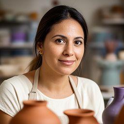 Anna in der Keramikwerkstatt mit Tonformen und Glasurproben