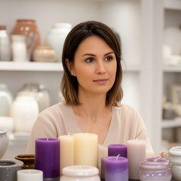Lena berät Kundschaft zwischen Kerzen und Keramik im Showroom